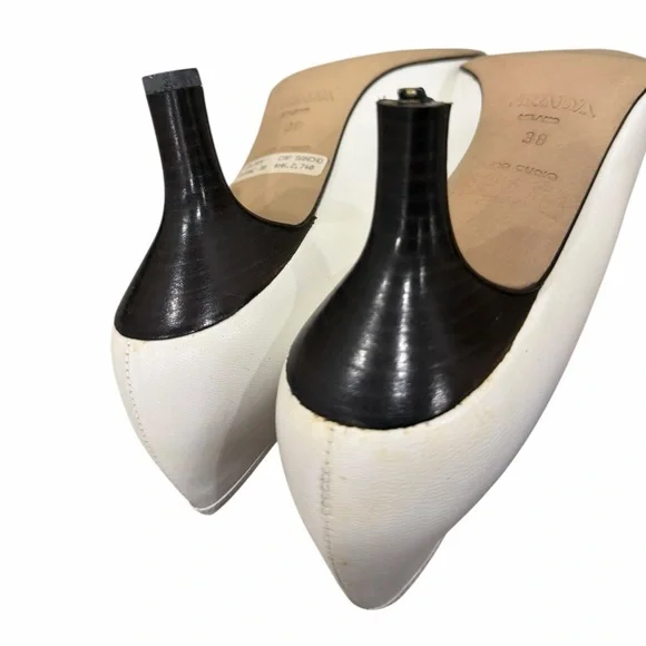 Prada Milano White Leather Kitten Heel Pumps Pointed Toe Size 38 - Picture 8 of 9